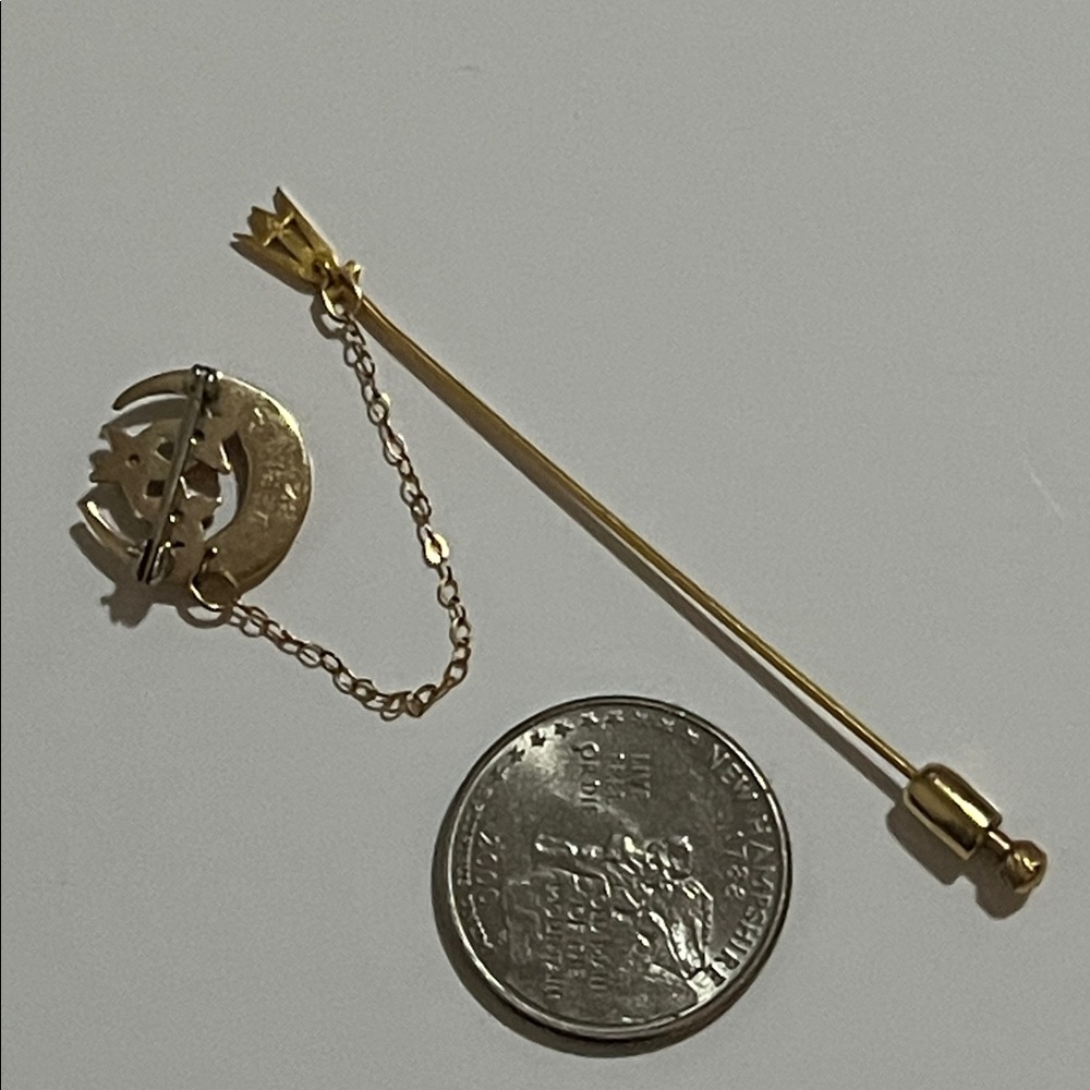 Vintage Art Deco 10K Gold Tri Delta Moon & Star Chain Stick Pin Brooch - Picture 9 of 14